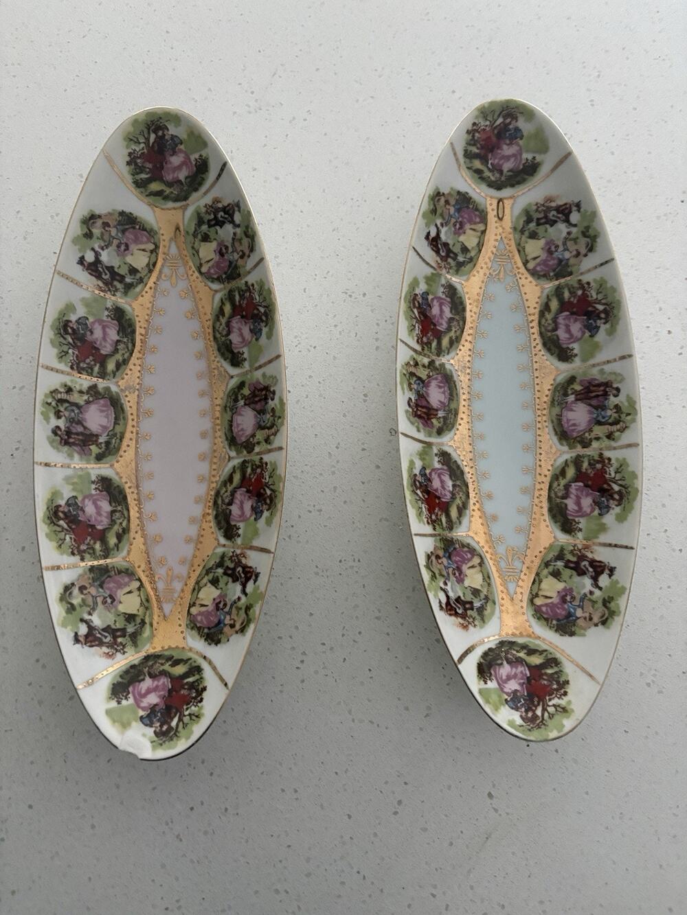 Vintage Set Of 2 Royal Vienna Oval 9 7/8 Decorated Relish Dish Courtship Couples